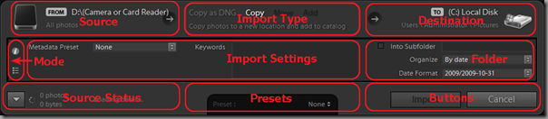Lightroom 3 Beta's Compact Import dialog (with annotations)