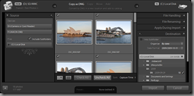 Lightroom 3 Beta's Expanded Import dialog (Copy as DNG import type, with Destination panel visible)
