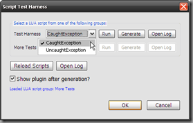 Script Test Harness Dialog's LUA script menu items